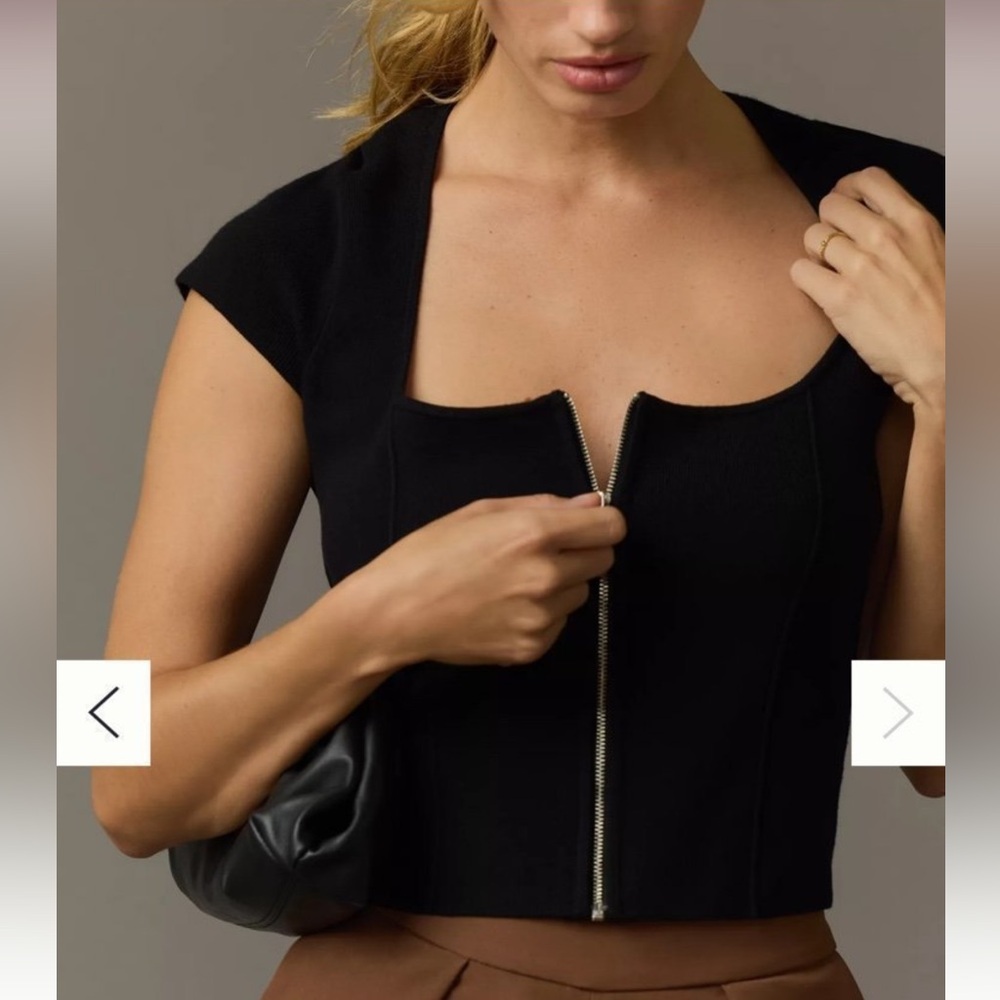 Anthropologie Maeve Cap Sleeve Zip-Front Sweater Shirt Fitted Classic Top XS NWT